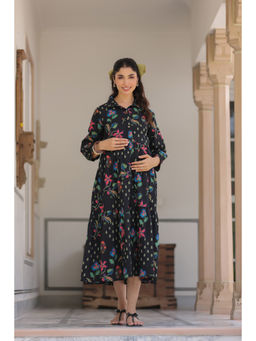 CRAFIQA - Black Wildflower Noir Cotton Maternity Nursing Dress