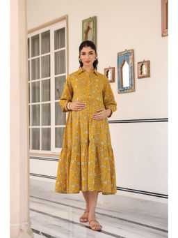 CRAFIQA - Mustard Honey Flora Cotton Maternity Nursing Dress