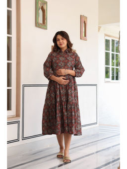 CRAFIQA - Maroon Ajrakh Weave Cotton Maternity Nursing Dress
