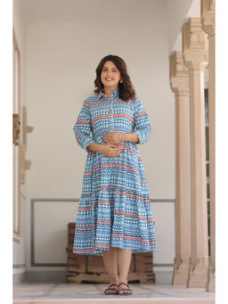 CRAFIQA - Blue Sky Mosaic Cotton Maternity Nursing Dress