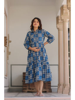 CRAFIQA - Blue Jharokha Cotton Maternity Nursing Dress