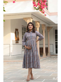 CRAFIQA - Grey Azure Ajrakh Lines Cotton Maternity Nursing Dress