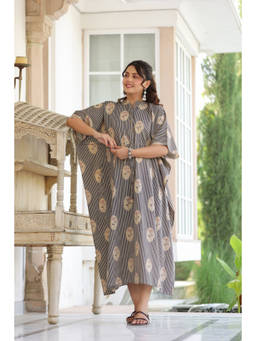 CRAFIQA - Beige Whispering Blooms Cotton Maternity Nursing Kaftan