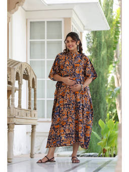 CRAFIQA - Navy Blue Vedic Village Cotton Maternity Nursing Kaftan
