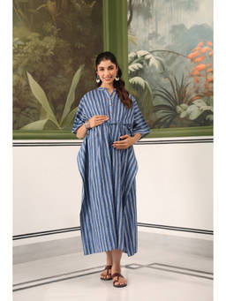 CRAFIQA - Indigo Stripes Cotton Maternity Nursing Kaftan