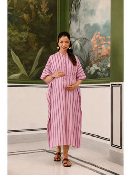 CRAFIQA - Pink Dream Striped Cotton Maternity Nursing Kaftan