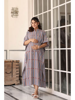 CRAFIQA - Blue Azure Ajrakh Lines Cotton Maternity Nursing Kaftan