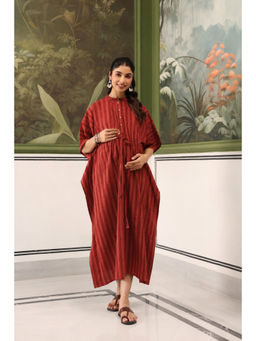 CRAFIQA - Red Printed Stripe Cotton Maternity Nursing Kaftan