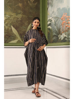 CRAFIQA - Black Grey Printed Stripe Cotton Maternity Nursing Kaftan