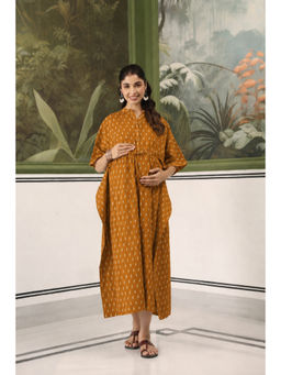 CRAFIQA - Mustard Loom Print Cotton Maternity Nursing Kaftan