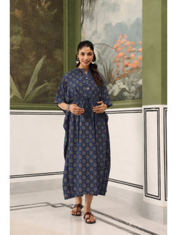 CRAFIQA - Indigo Mandala Bloom Cotton Maternity Nursing Kaftan