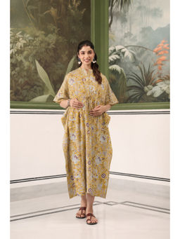 CRAFIQA - Yellow Wildflower Gold Cotton Maternity Nursing Kaftan