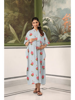 CRAFIQA - Blue Vintage Lotus Pond Cotton Maternity Nursing Kaftan