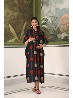 CRAFIQA - Black Geometric Ajrakh Cotton Maternity Nursing Kaftan