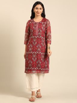 Imara - Women Maroon Cotton Floral Kurta