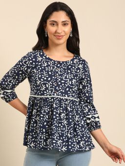 Imara - Women Navy Blue Cotton Printed Top