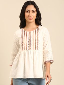 Imara - Women Off White Cotton Embroidered Top