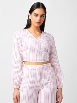 Spykar - Women Pink Cotton Slim Fit Striped Crop Top