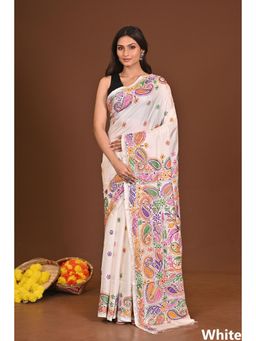 Ramshyam Collection - Womens Kantha Silk Blend Thread Work White Saree with Unstitched Blouse