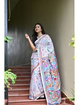 Ramshyam Collection - Womens Silk Blend Embroidered Thread Work White Saree with Unstitched Blouse