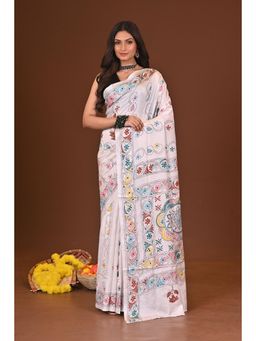 Ramshyam Collection - Womens Kantha Silk Blend Thread Work White Saree with Unstitched Blouse