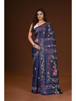 Ramshyam Collection - Womens Kantha Silk Blend Thread Work Navy Blue Saree with Unstitched Blouse