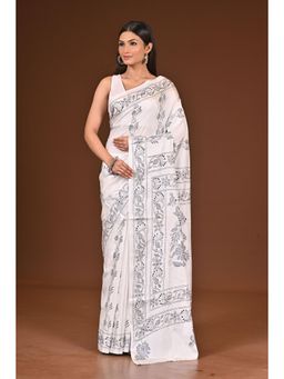 Ramshyam Collection - Womens Kantha Silk Blend Thread Work White Saree with Unstitched Blouse