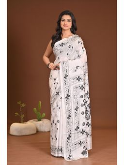 Ramshyam Collection - Womens Silk Blend Embroidered Thread Work White Saree with Unstitched Blouse
