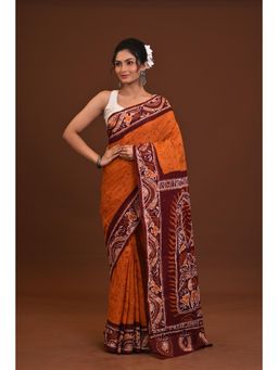 Ramshyam Collection - Womens Kantha Pure Cotton Printed Mustard Saree with Unstitched Blouse