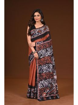 Ramshyam Collection - Womens Pure Cotton Hand Painted Job Brown Saree with Unstitched Blouse