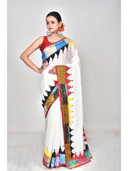 Ramshyam Collection - Womens Kantha Pure Cotton Printed Thread Work White Saree with Unstitched Blouse