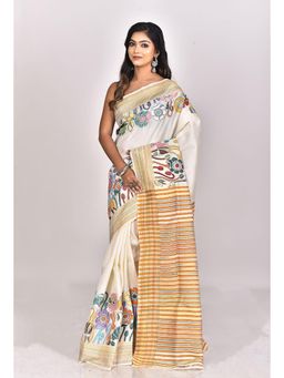 Ramshyam Collection - Womens Kantha Silk Embroidered Thread Work Ivory Saree with Unstitched Blouse