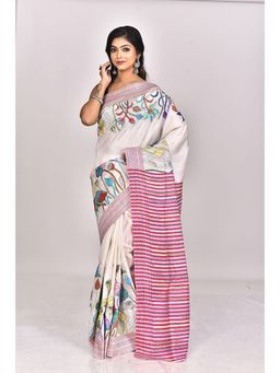 Ramshyam Collection - Womens Kantha Silk Floral Thread Work Off White Saree with Unstitched Blouse