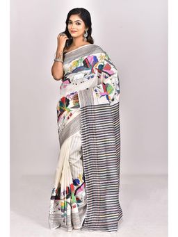 Ramshyam Collection - Womens Kantha Silk Embroidered Thread Work White Saree with Unstitched Blouse