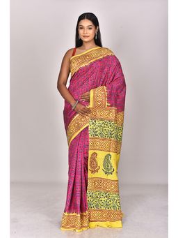 Ramshyam Collection - Womens Kantha Pure Cotton Printed Pink Saree with Unstitched Blouse