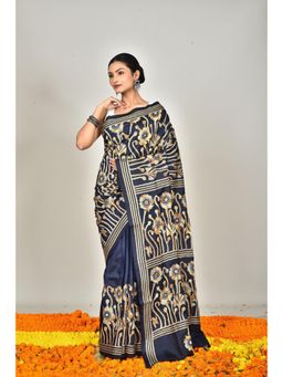 Ramshyam Collection - Womens Kantha Silk Embroidered Navy Blue Saree with Unstitched Blouse