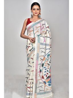 Ramshyam Collection - Womens Kantha Silk Embroidered Thread Work White Saree with Unstitched Blouse