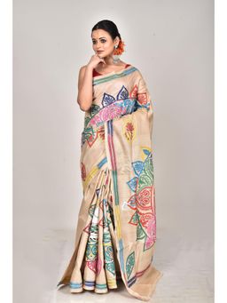 Ramshyam Collection - Womens Kantha Silk Embroidered Thread Work Beige Saree with Unstitched Blouse