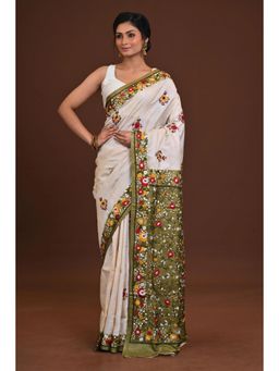 Ramshyam Collection - Womens Kantha Silk Floral Embroidered White Saree with Unstitched Blouse