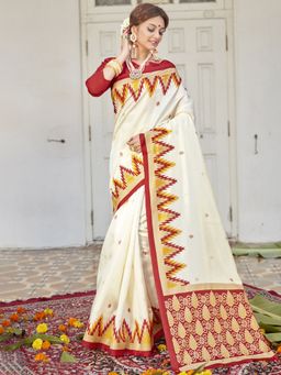 Akhilam - Women Silk Blend Off White Printed Celebrity Saree with Unstitched Blouse