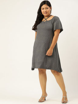 theRebelinme - Women's Dark Grey Solid Color Party Wear A-line Dress
