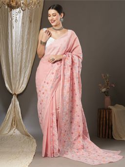 Akhilam - Womens Cotton Blend Peach Embroidered Designer Saree with Unstitched Blouse