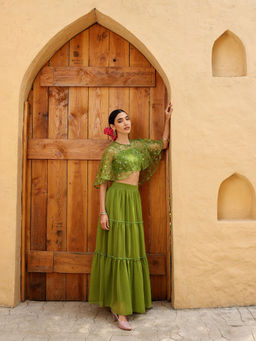 Qissa - Green Poly Georgette Embroidered Sequin Crop Top and Skirt with Cape
