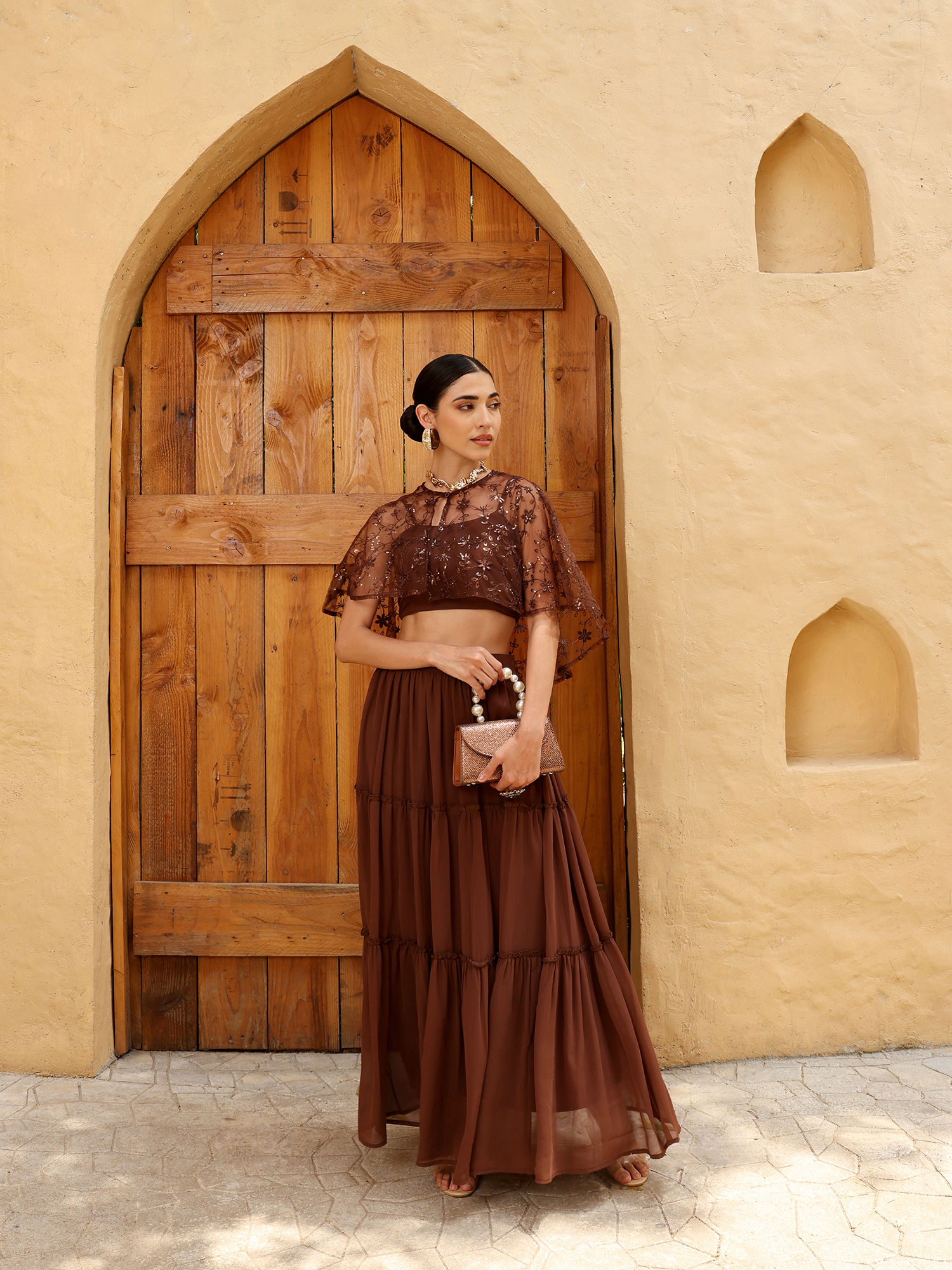 qissa Brown Poly Georgette Solid Crop Top and Skirt with Cape-picture-9