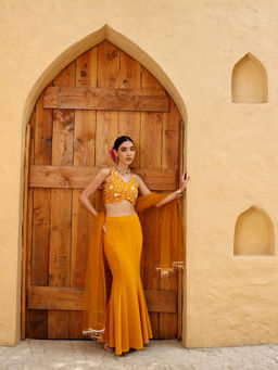 Qissa - Mustard Floral Embroidered Crop Top and Skirt With Dupatta