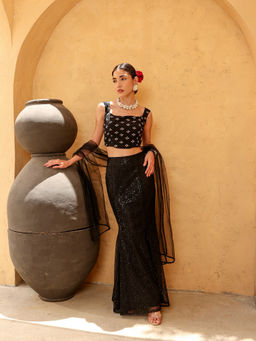 Qissa - Black Woven Crop Top and Skirt with Dupatta