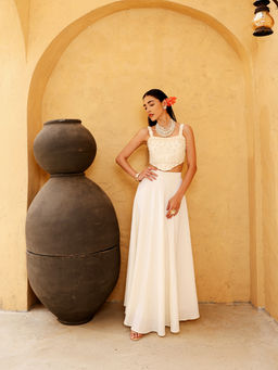 Qissa - Cream Floral Applique Crop Top With Skirt