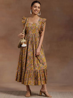 Libas - Mustard Floral Printed Ruffled Sleeves Maxi Dress