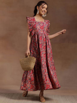 Libas - Pink Floral Printed Ruffled Sleeves Maxi Dress