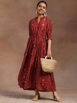 Libas - Red Ethnic Printed Fit and Flared Maxi Dress